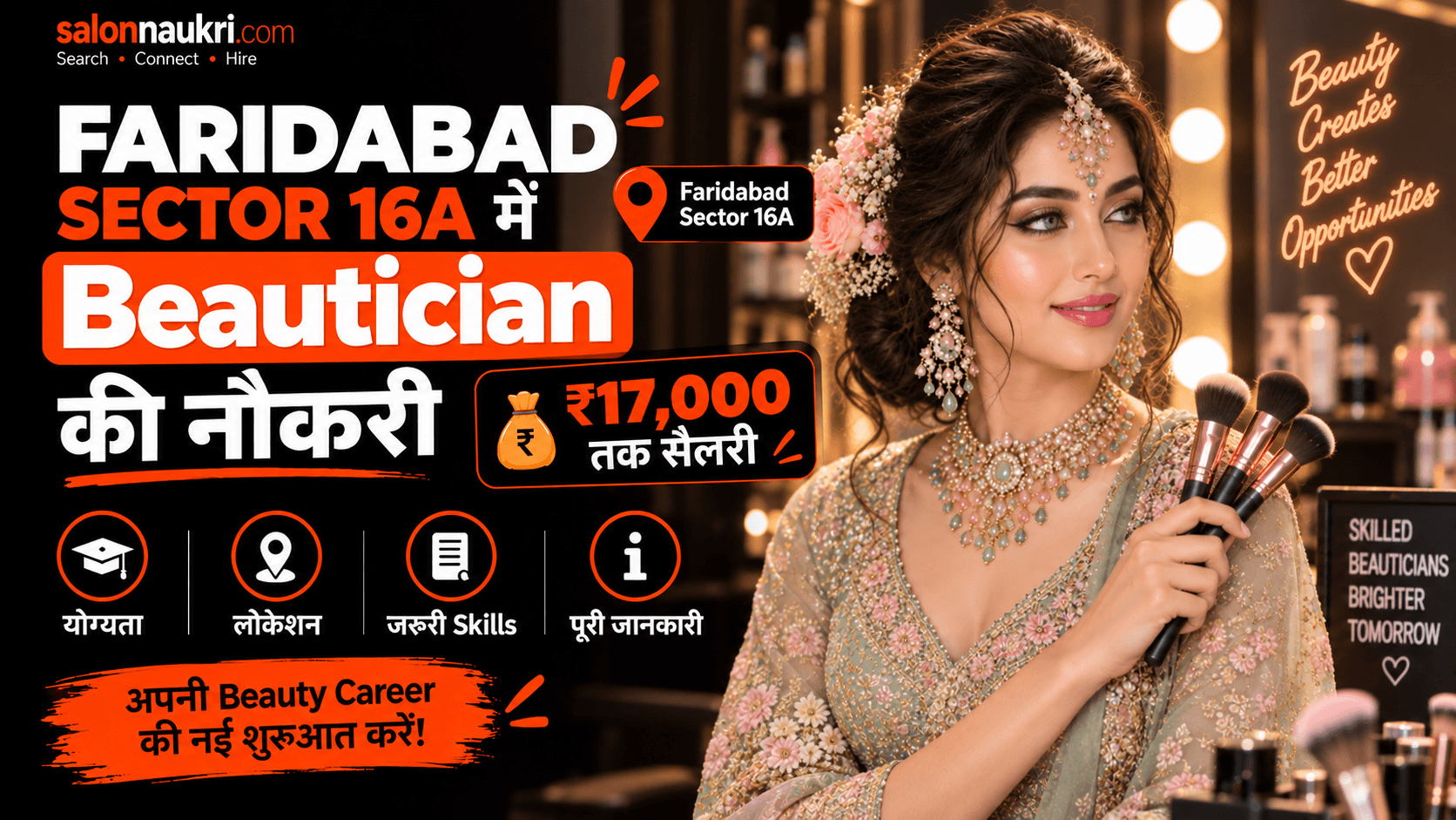 फरीदाबाद सेक्टर 16A में Beautician की नौकरी: ₹17,000 तक सैलरी, जानिए योग्यता, लोकेशन और पूरी जानकारी